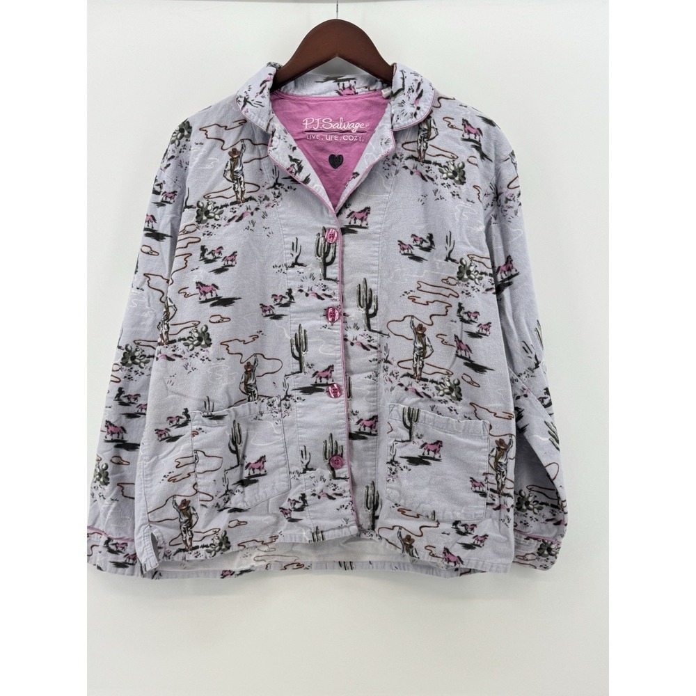P.J. Salvage Live Life Cozy Western Cowboy Print Flannel Pajama Top Size M
